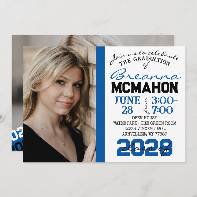Bleu, noir et blanc Graduation 2 Invitation photo (Repeating Class Year 1 & 2 Photo Graduation Invitations & Announcements)