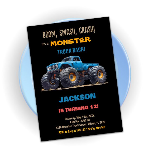 Bleu noir Monster Camion Invitations Anniversaire (Blue Black Monster Truck Birthday Invitations)