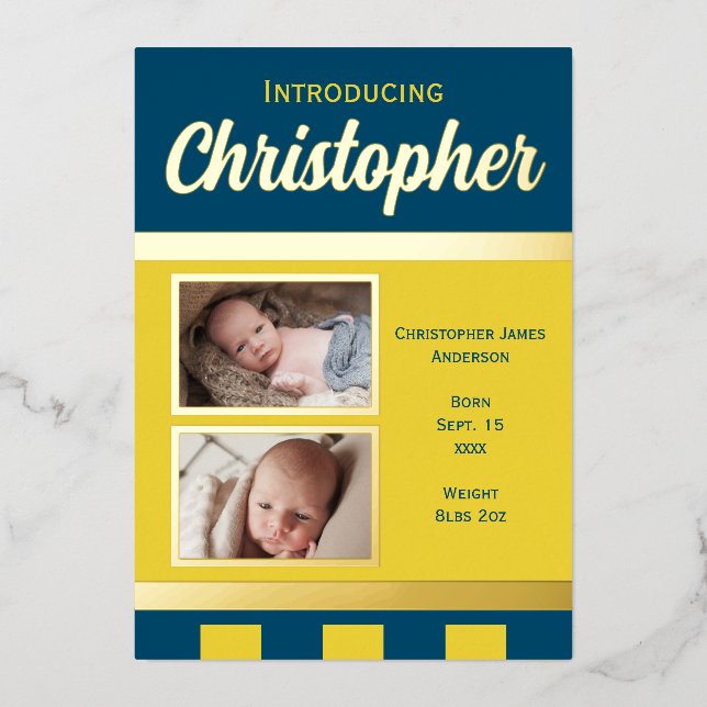 Bleu nouveau faire-part bébé feuille d'or carte pl (Recto)