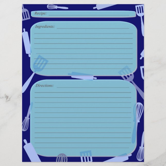 Bleu nuances cuisine ustensiles page de recette (Devant)
