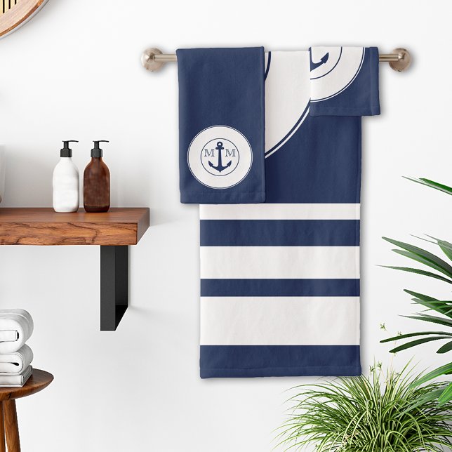 Bleu Nuit Marin Rayures Blanches Ancre Monogramme (Créateur téléchargé)