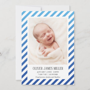 Bleu Ombre photo rayée Faire-part de naissance béb