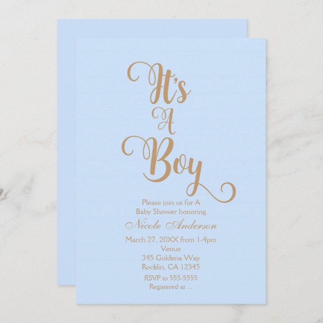 Bleu & Or C'est un garçon Baby Shower Invitations (Devant / Derrière)