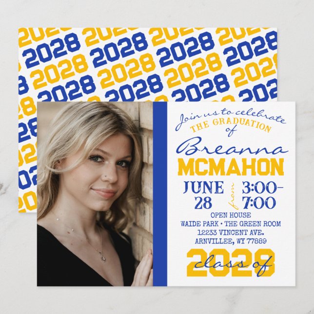 Bleu, or et blanc Graduation Photo Invitation (Devant / Derrière)