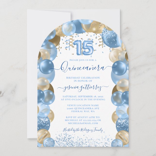 Bleu or étincelle Quinceañera Balloon Invitation (Devant)