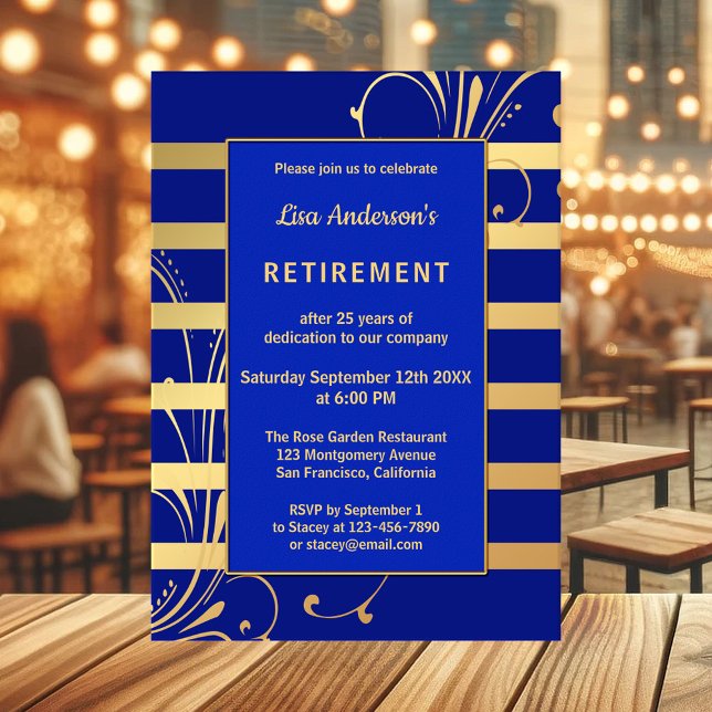 Bleu or Floral Retraite rayée Invitation (Elegant retirement party invitation in navy and royal blue with gold stripes and floral designs)