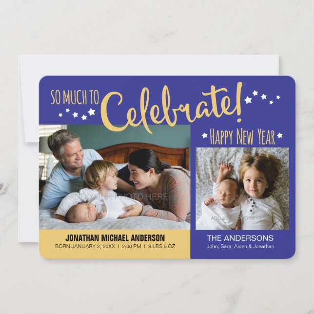 Bleu & Or Nouvel An Photo Baby Boy Faire-part (Devant)