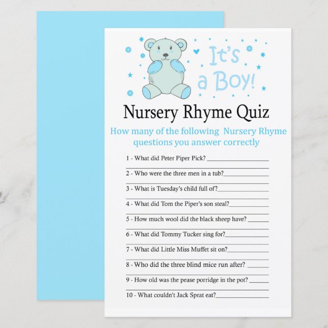 Bleu ours Nursery Rhyme Quiz jeu de baby shower (Devant / Derrière)