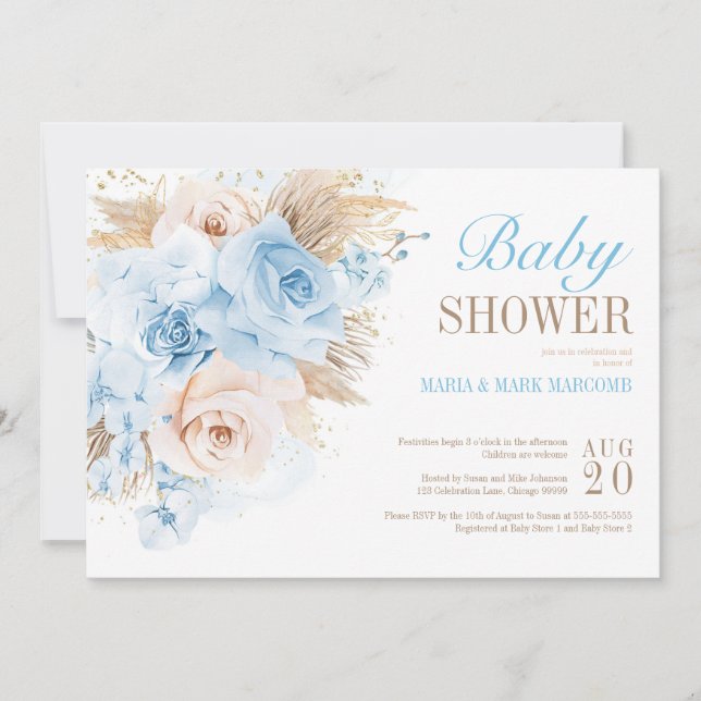 Bleu Pampas Grass Bohême Baby shower Invitation (Devant)