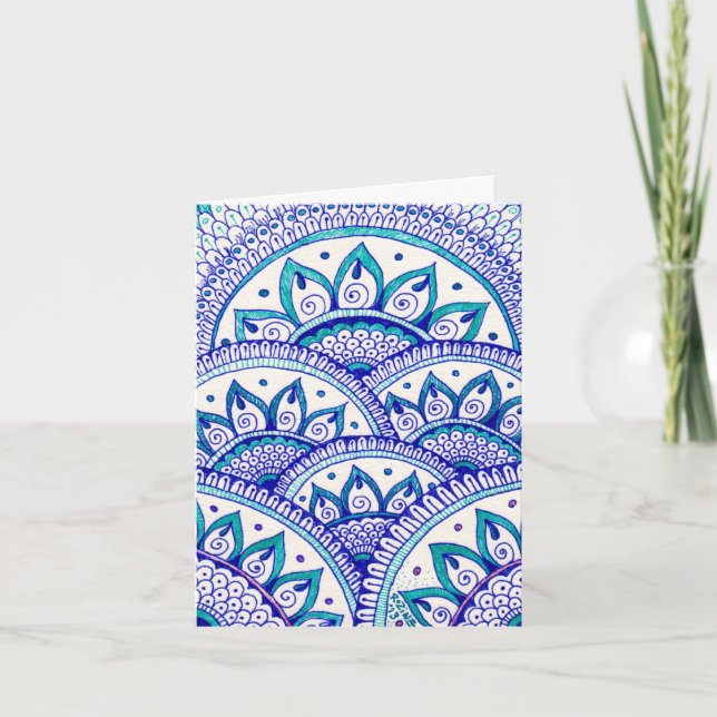 Bleu paon Damask Mandala indien Merci (Devant)