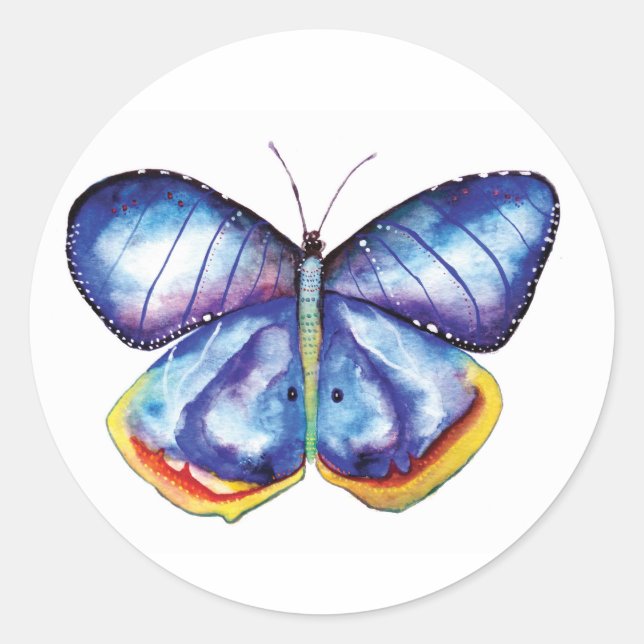 Bleu papillon Aquarelle Classic rond Sticker (Devant)