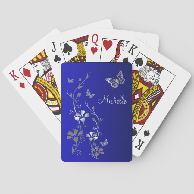Bleu Papillon Argent Floral Cartes de jeu (dos)