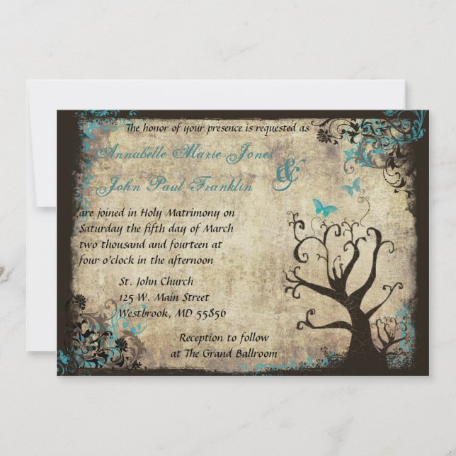 Bleu papillon et arbre vintage mariage Invitation (Devant)