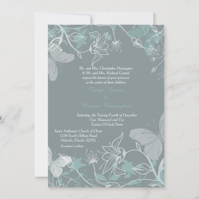Bleu papillon Floral 5x7 Faire-part de mariage (Devant)