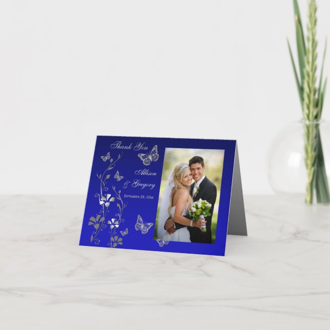 Bleu, papillon gris Carte de remerciements photo f (Devant)