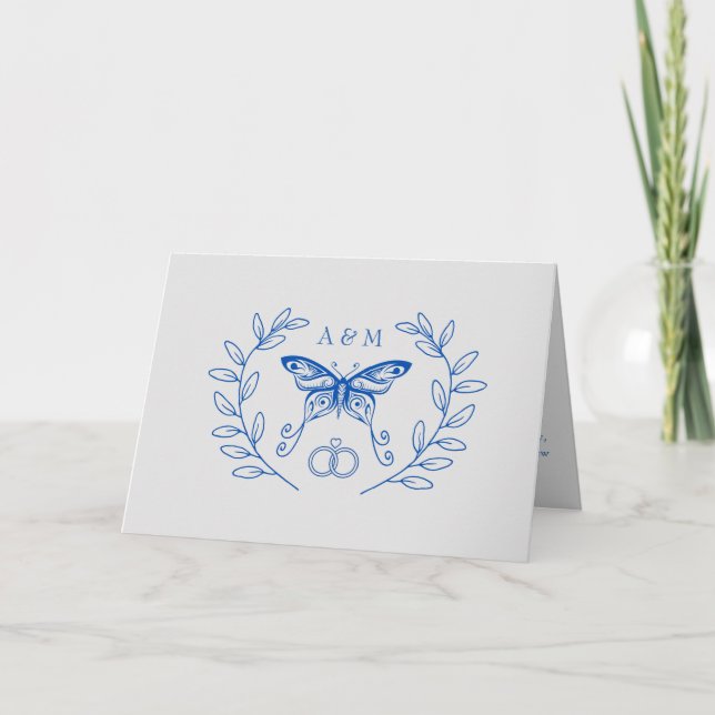 Bleu papillon Monogramme Mariage Carte de remercie (Devant)