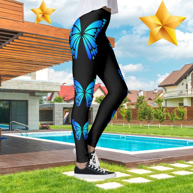 Bleu papillon noir moderne tendance Leggings chaud (Créateur téléchargé)