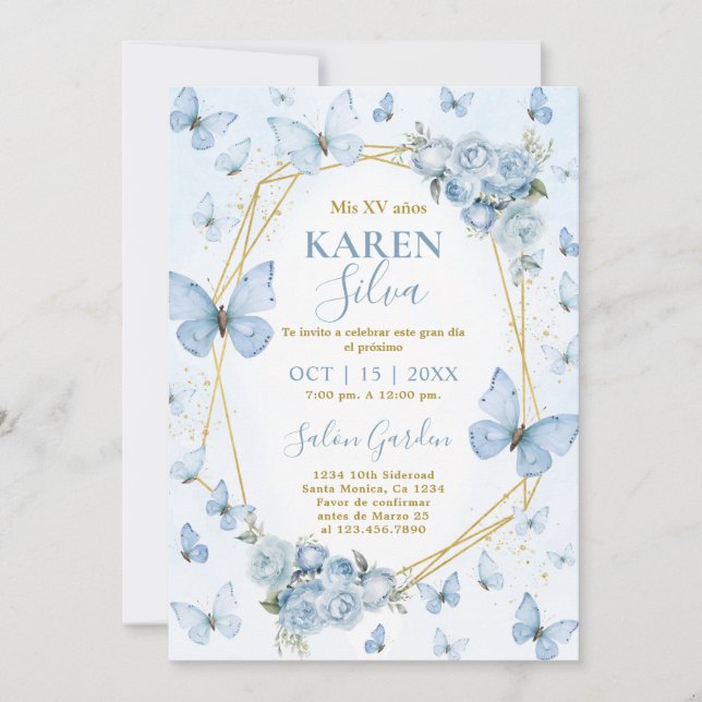 Bleu papillon Quinceanera Invitation (Devant)