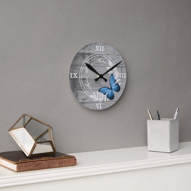 Bleu Papillon Rustique Acrylique Horloge murale (Bureau)