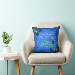 Bleu, Papillon vert Tiara Quinceanera Coussin