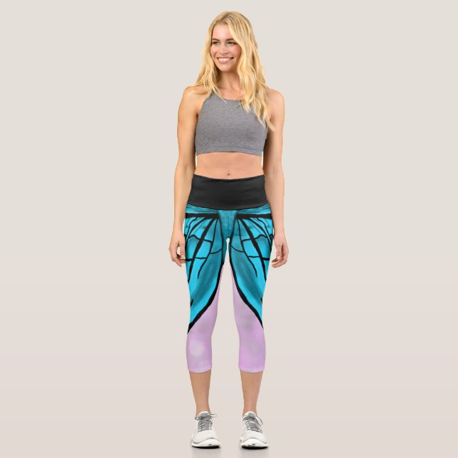 Bleu Papillon Yoga Pantalons Leggings (Recto)