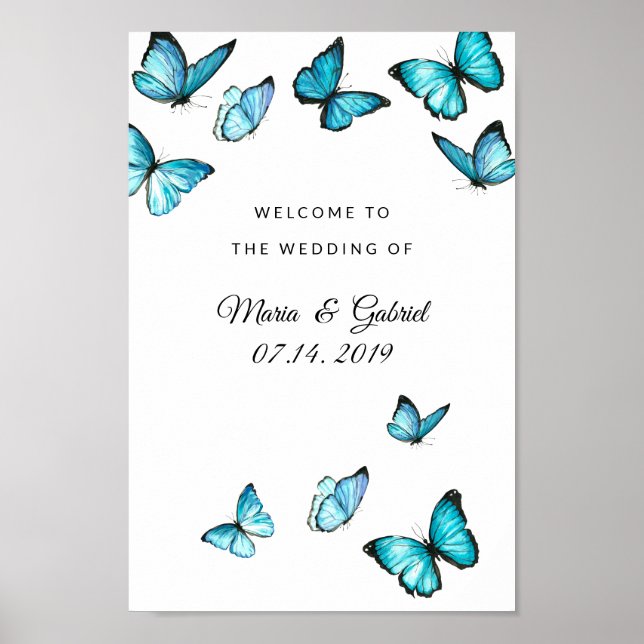 Bleu papillons d'aquarelle Mariage Poster (Devant)