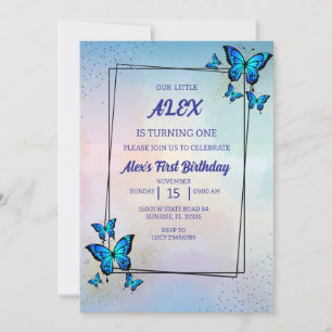 Bleu papillons Invitation fête d'anniversaire