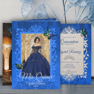 Bleu, Papillons verts Quinceanera Invitation