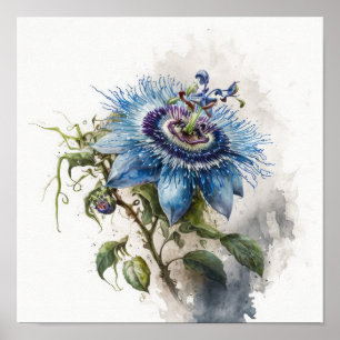 Bleu Passion Flower Art Imprimer Poster