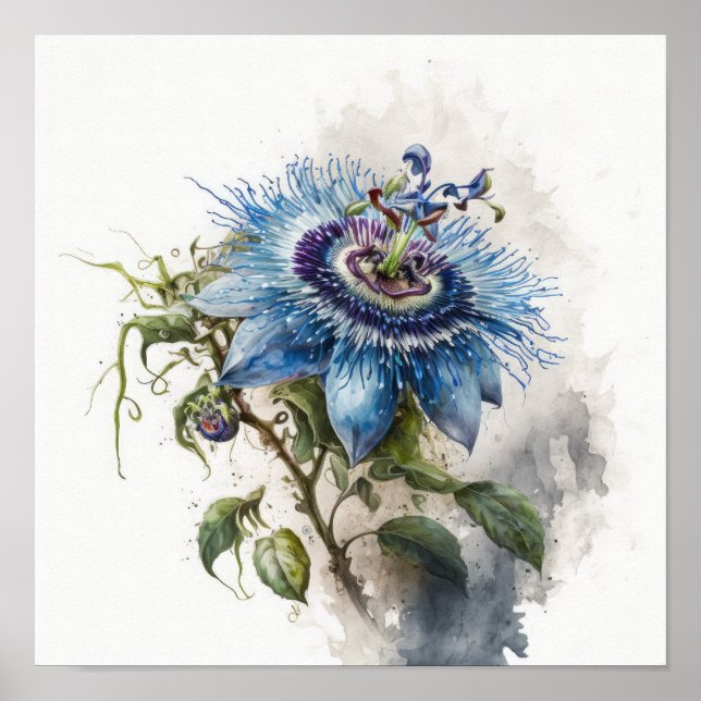 Bleu Passion Flower Art Imprimer Poster (Devant)