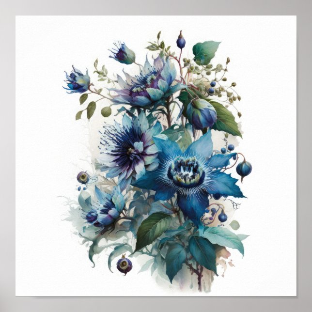 Bleu Passion Flower Art Imprimer Poster (Devant)