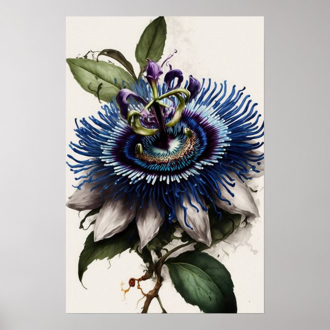 Bleu Passion Flower Art Imprimer Poster (Devant)
