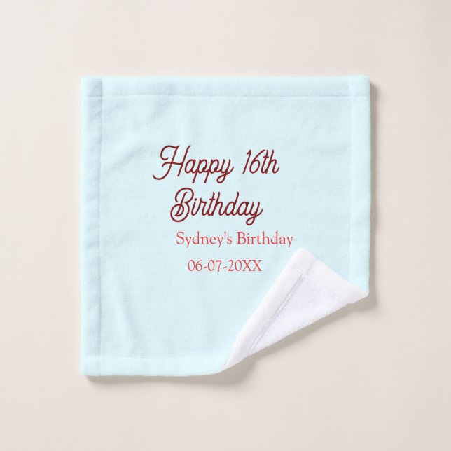 Bleu pastel rouge joyeux 16e anniversaire nom date (Gant de toilette)