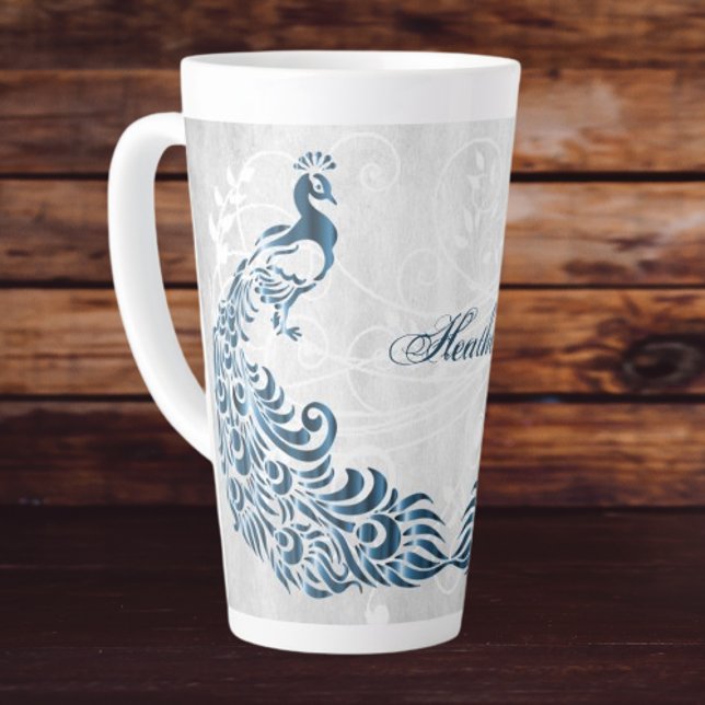 Bleu Peacock Latte Mug personnalisé (Blue Peacock Personalized Latte Mug)