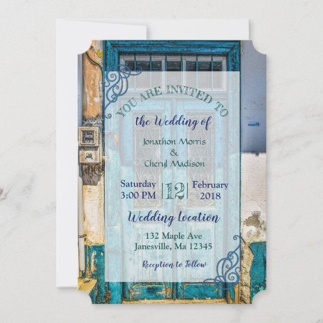 Bleu Perturbé Rustique Porte de mariage Invitation (Devant)