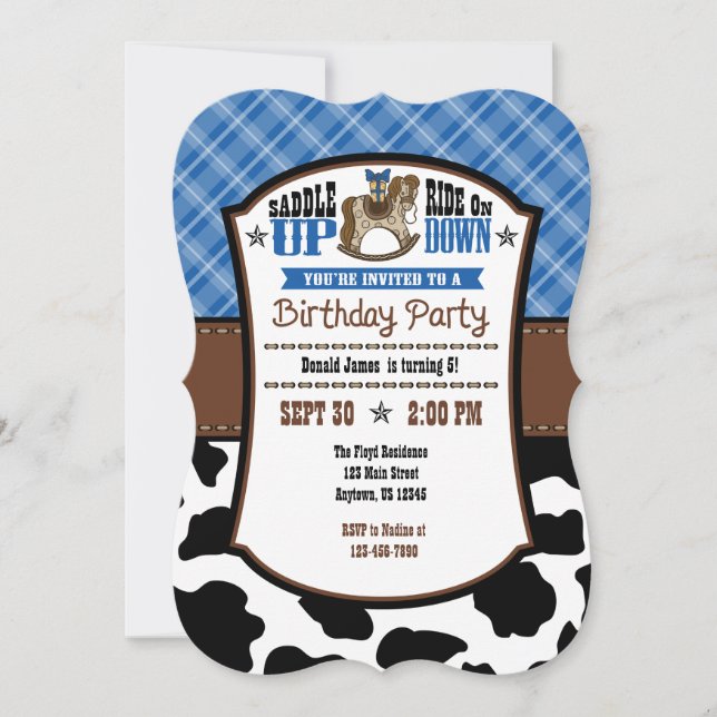 Bleu Plaid Cowhide Cowboy Invitation d'anniversair (Devant)