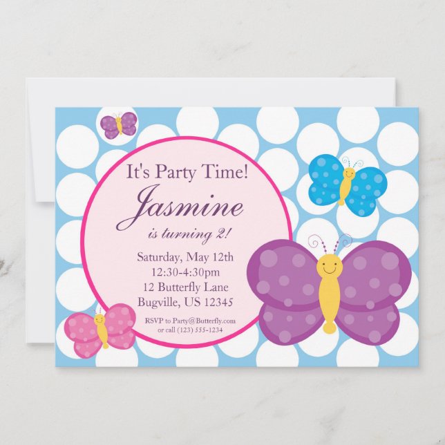 Bleu Polka point Papillon Invitation d'anniversair (Devant)