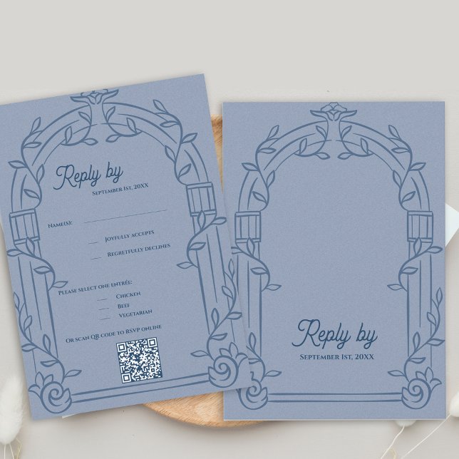 Bleu Poussiéreux Orné de l'Arche Réponse de Mariag (Dusty Blue Ornate Arch Botanical Wedding RSVP Card with QR Code | Elegant Wedding Reply Card)