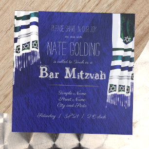 Bleu, Prière Argent Tallit Bar Mitzvah Invitation