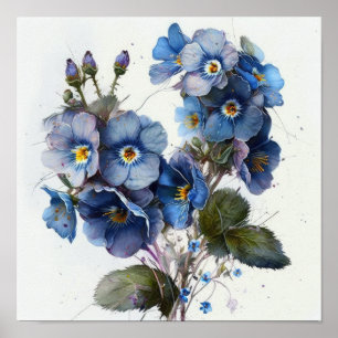 Bleu Primrose Fleurs Art Imprimer Poster