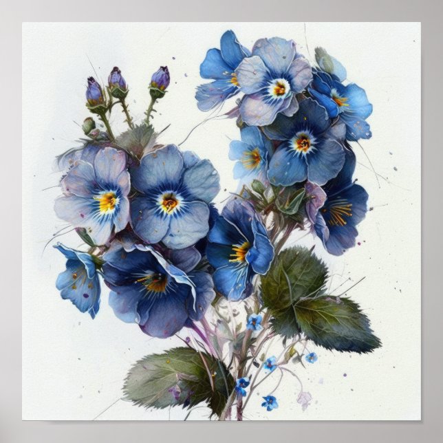 Bleu Primrose Fleurs Art Imprimer Poster (Devant)