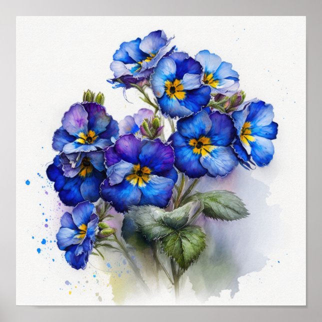 Bleu Primrose Fleurs Art Imprimer Poster (Devant)