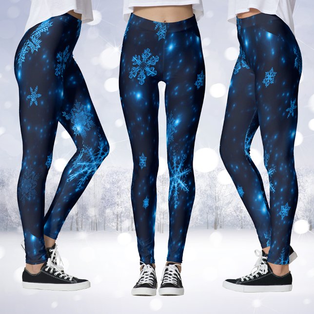Bleu profond et flocon de neige brillant Leggings (Deep Blue & Bright Snowflakes Leggings)
