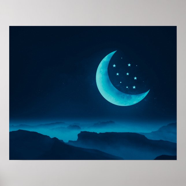 Bleu Quartier Lune et Montagnes | Poster (Devant)