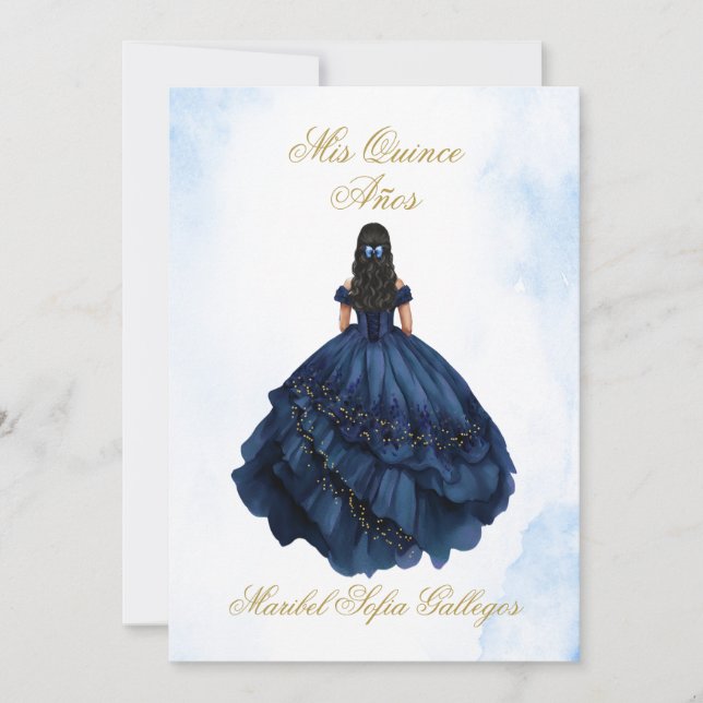 Bleu Quinceanera invitation en espagnol (Devant)