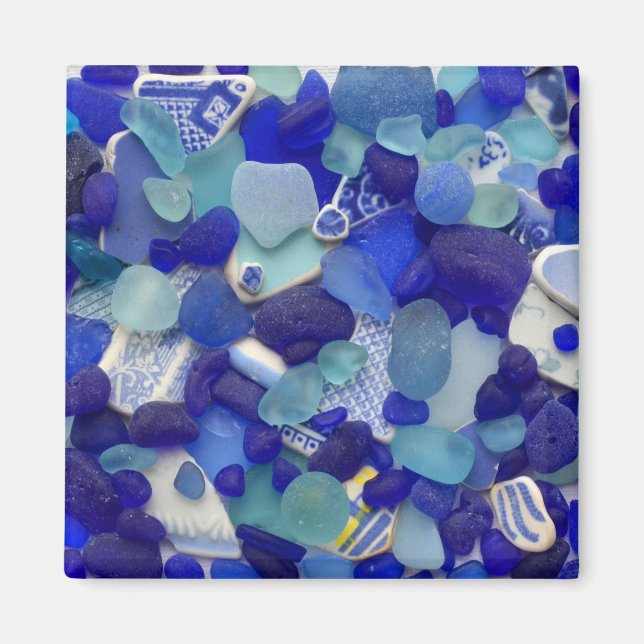 Bleu rare et verre marin aqua, aimant plage (Devant)