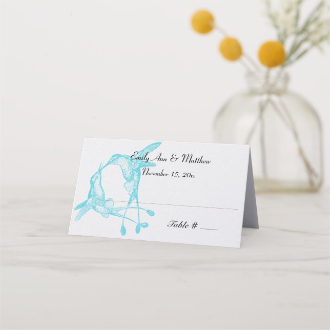Bleu Rayon Hummingbird Mariage Cartes de lieu (Dos)