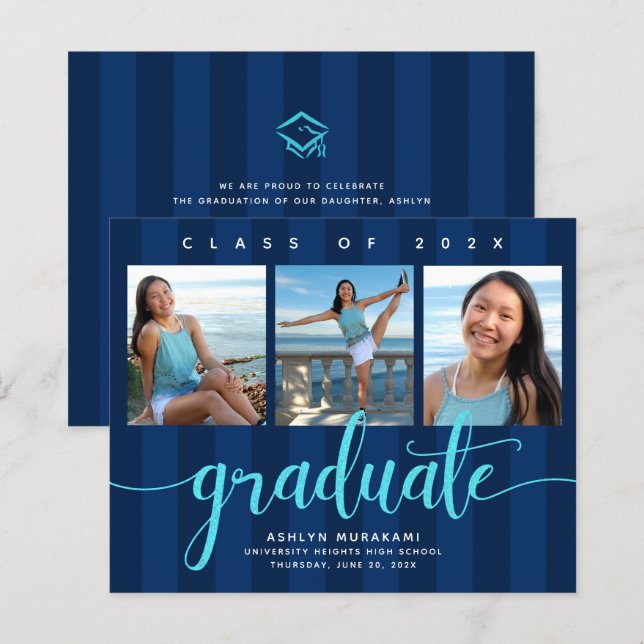 Bleu rayures budget graduation 3 invitation photo (Devant / Derrière)