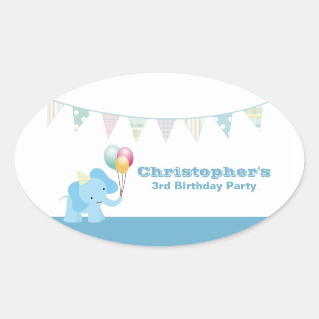 Bleu rayures d'éléphant anniversaire autocollants  (Devant)