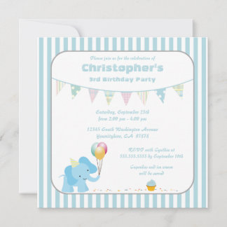 Bleu rayures d'éléphant invitation fête d'annivers